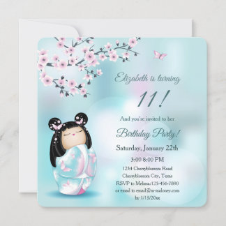 Kokeshi Doll Cherry Blossoms Mädchen zum Geburtsta Einladung
