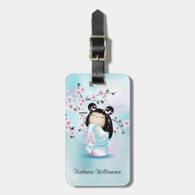 Kokeshi Doll Cherry Blüten Rosa Türkis Gepäckanhänger (Vorderseite vertikal)