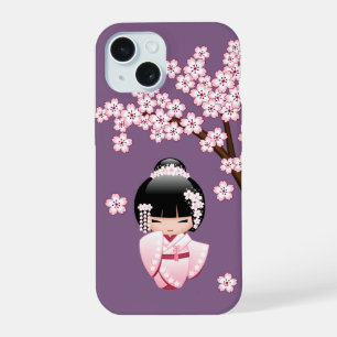 Kokeshi Doll en kimono rose sur fond violet