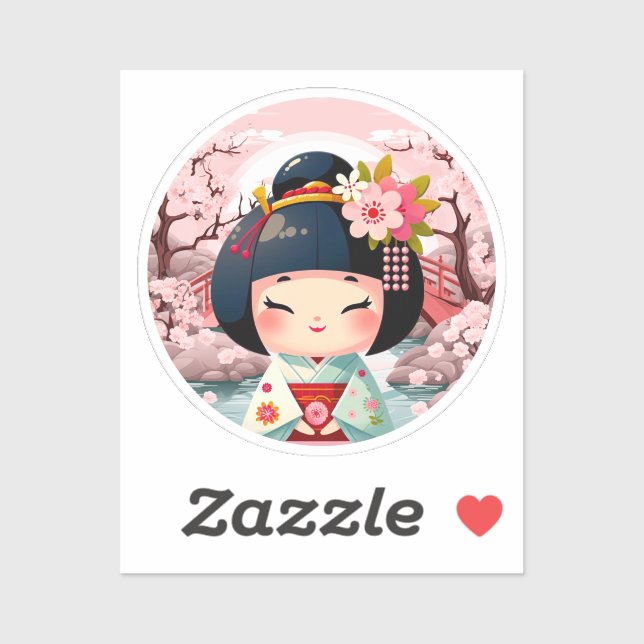 Kokeshi Doll Green mit Landschaft, Kokeshi Sticker (Blatt)