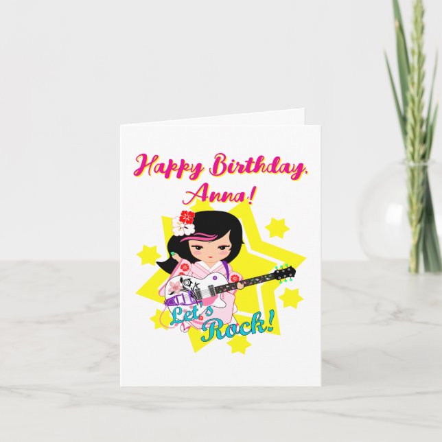 Kokeshi Doll Guitar Happy Birthday Karte (Vorderseite)
