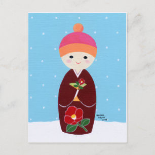 Kokeshi Doll mit Kamelien Postkarte