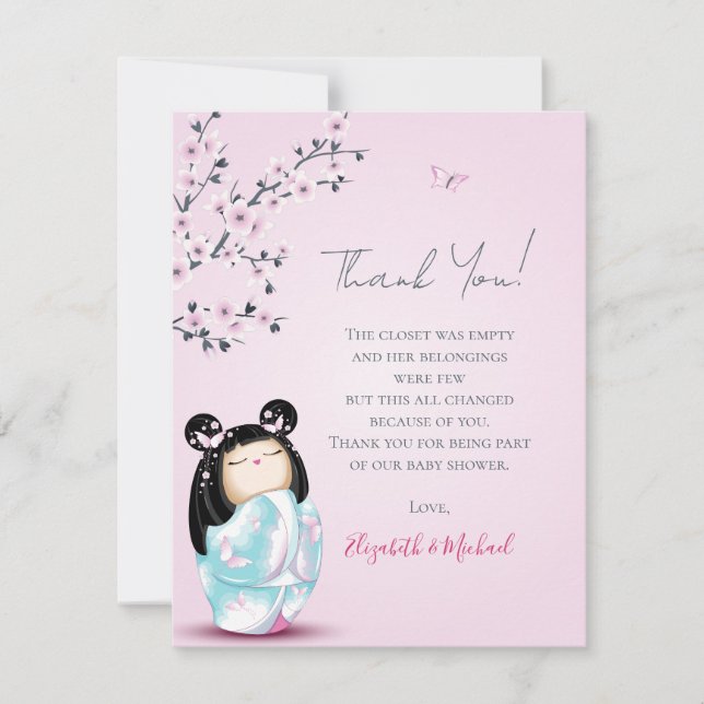 Kokeshi Doll Pink Girl Baby Dusche Dankeskarte (Vorderseite)