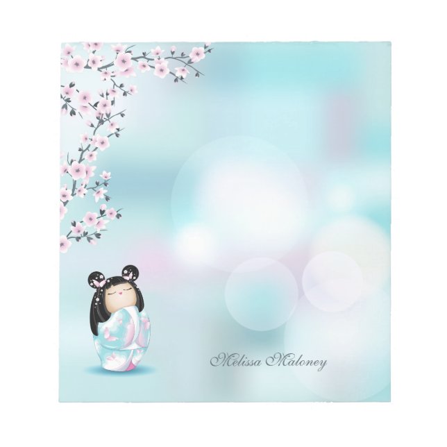 Kokeshi Doll Pink Türkis Monogram Notizblock (Vorderseite)