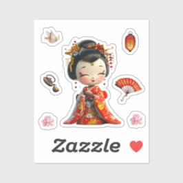 Kokeshi Doll Red and Gold, Geisha Stickers Aufkleber
