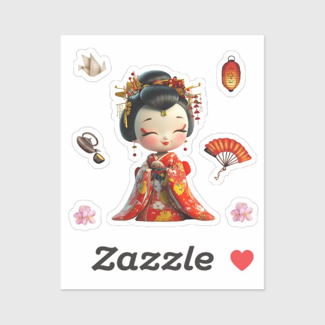 Kokeshi Doll Red and Gold, Geisha Stickers Aufkleber (Blatt)
