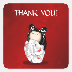 Kokeshi Doll Red Black and White Danke Quadratischer Aufkleber