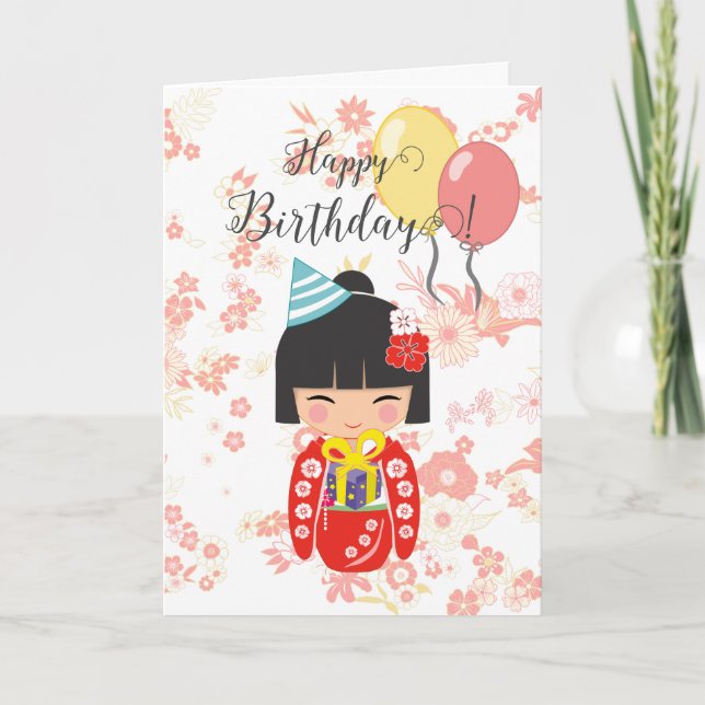 Kokeshi Doll Red Happy Birthday Card Dankeskarte (Vorderseite)