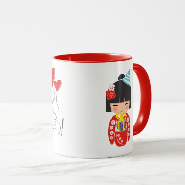 Kokeshi Doll Red Happy Birthday Tasse (VorderseiteRechts)