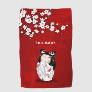 Kokeshi Doll Red Schwarz-weiß Cherry Blossom Golfhandtuch