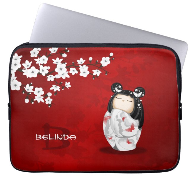 Kokeshi Doll Red Schwarz-weiß Cherry Blossom Laptopschutzhülle (Vorderseite)