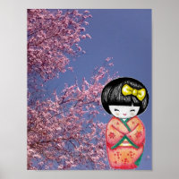 Kokeshi Doll Sakura Kirschblüten Poster Print