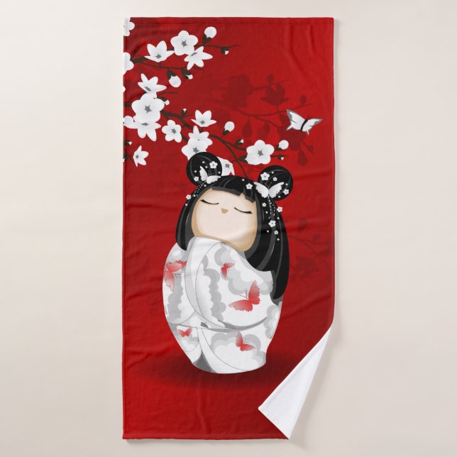 Kokeshi Doll Schwarz-weiße Kirschblüten Badehandtuch (Badehandtuch)