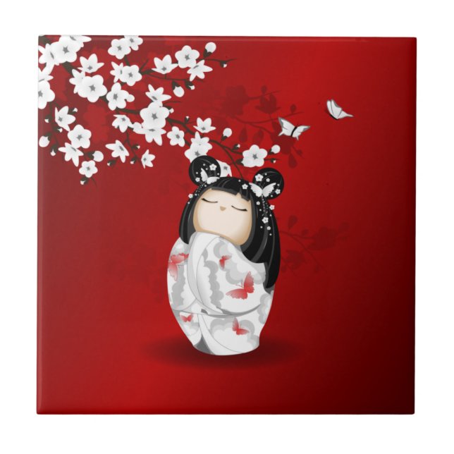 Kokeshi Doll Schwarz-weiße Kirschblüten Fliese (Vorderseite)