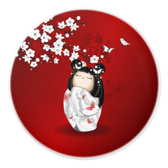 Kokeshi Doll Schwarz-weiße Kirschblüten Keramikknauf (Vorderseite)