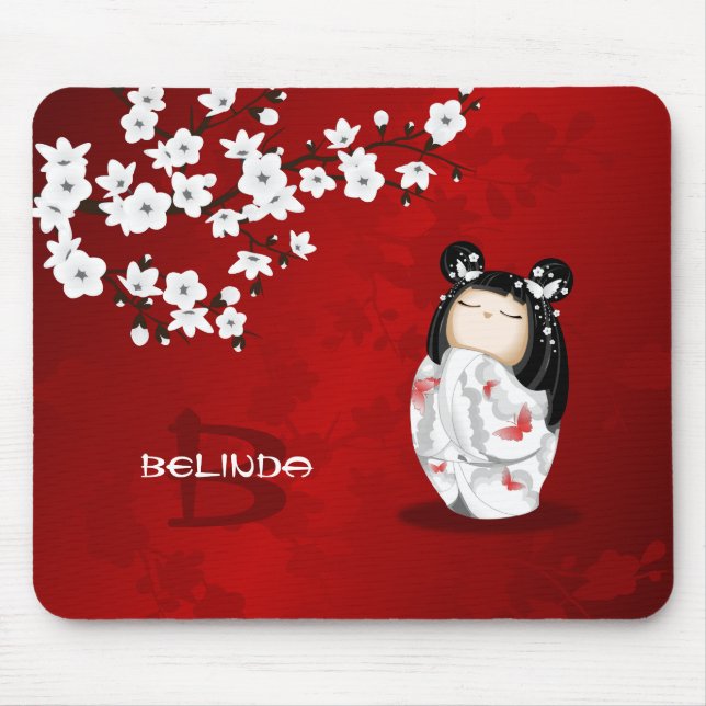 Kokeshi Doll Schwarz-weiße Kirschblüten Mousepad (Vorne)