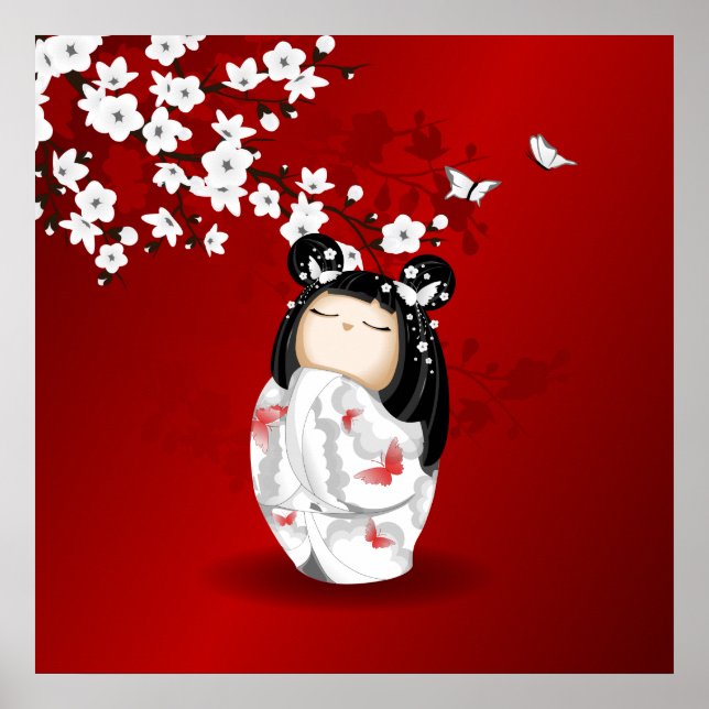Kokeshi Doll Schwarz-weiße Kirschblüten Poster (Vorne)
