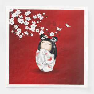 Kokeshi Doll Schwarz-weiße Kirschblüten Serviette