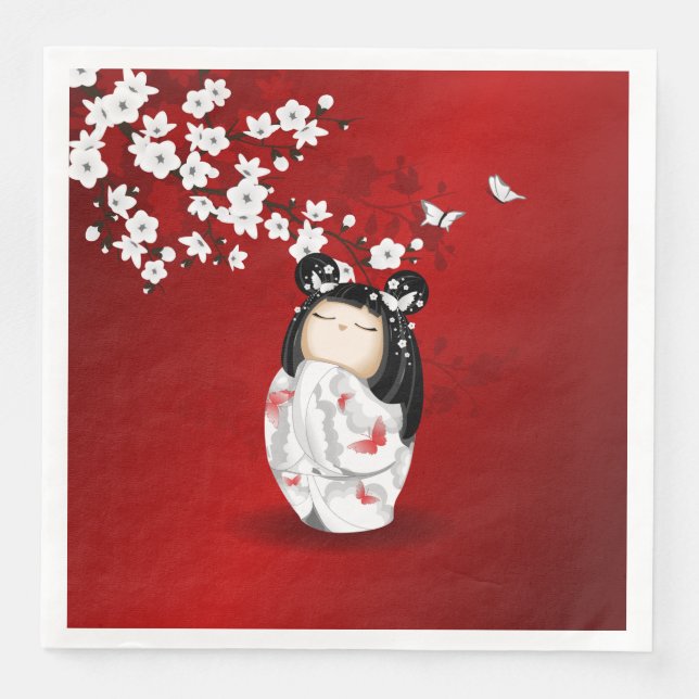 Kokeshi Doll Schwarz-weiße Kirschblüten Serviette (Vorderseite)