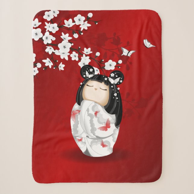 Kokeshi Doll Schwarz-weiße Kirschblüten Sherpadecke (Vorderseite)