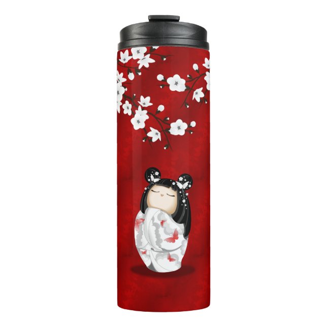 Kokeshi Doll Schwarz-weiße Kirschblüten   Thermosbecher (Vorderseite)