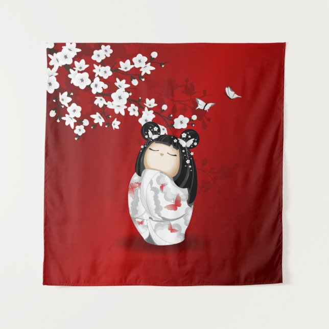 Kokeshi Doll Schwarz-weiße Kirschblüten Wandteppich (Vorderseite)
