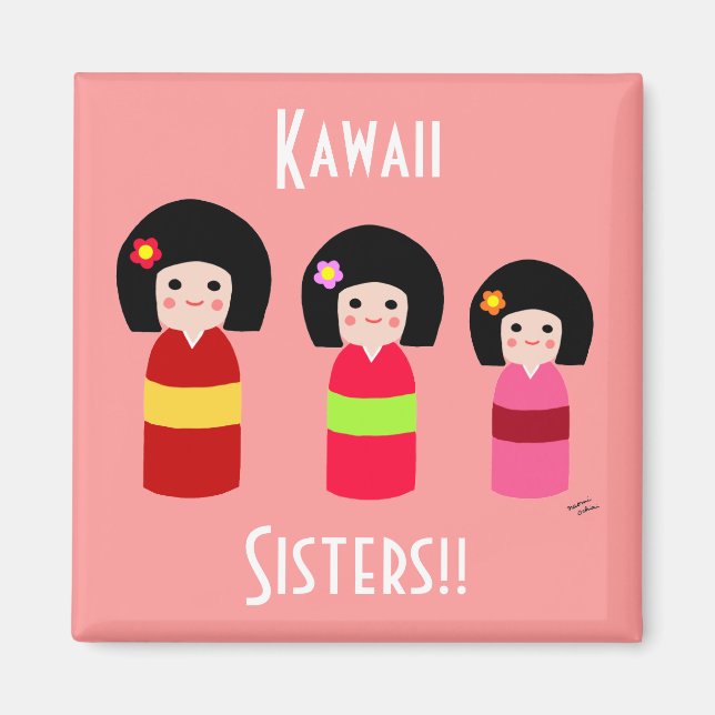 Kokeshi Doll Sisters Cartoon Magnet (Vorne)