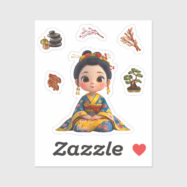 Kokeshi Doll Sticker Blau und Gold (Blatt)