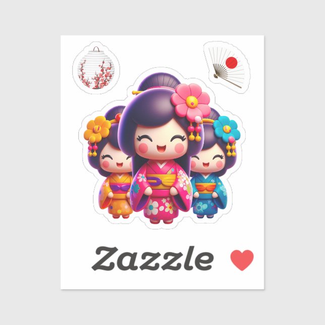 Kokeshi Doll, Three Lovely Geisha Aufkleber (Blatt)