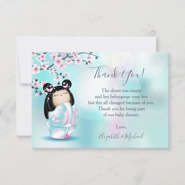 Kokeshi Doll Turquoise Girl Baby Dusche Dankeskarte (Vorderseite)
