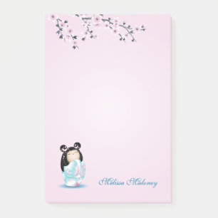 Kokeshi Doll Turquoise Pink Monogram Post-it Notes Post-it Klebezettel