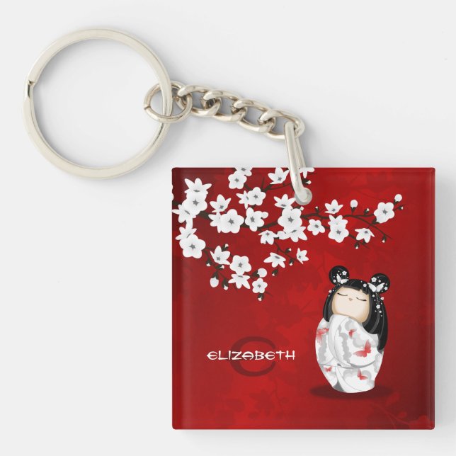 Kokeshi DollRed Black and White Cherry Blossom Key Schlüsselanhänger (Vorderseite)