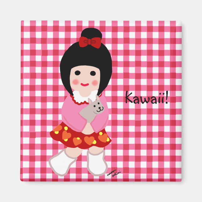 Kokeshi Girl mit ihrem Welpe Magnet (Vorne)