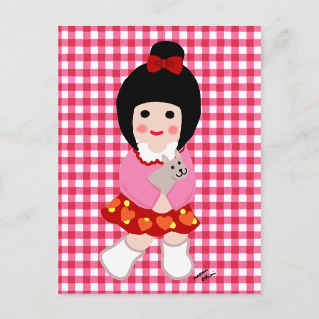 Kokeshi Girl mit ihrem Welpe Postkarte (Vorderseite)