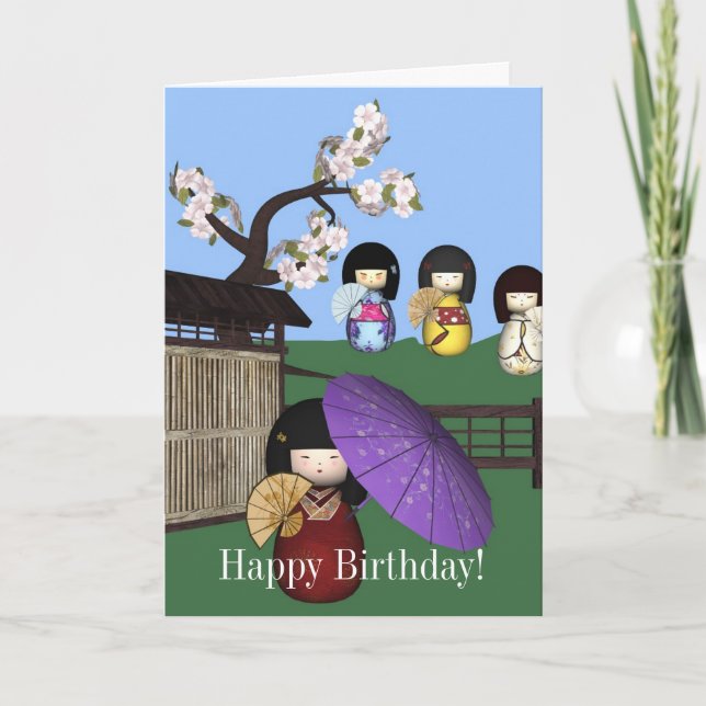 Kokeshi Kirschblüte Puppen-alles- Gute zum Karte (Vorderseite)