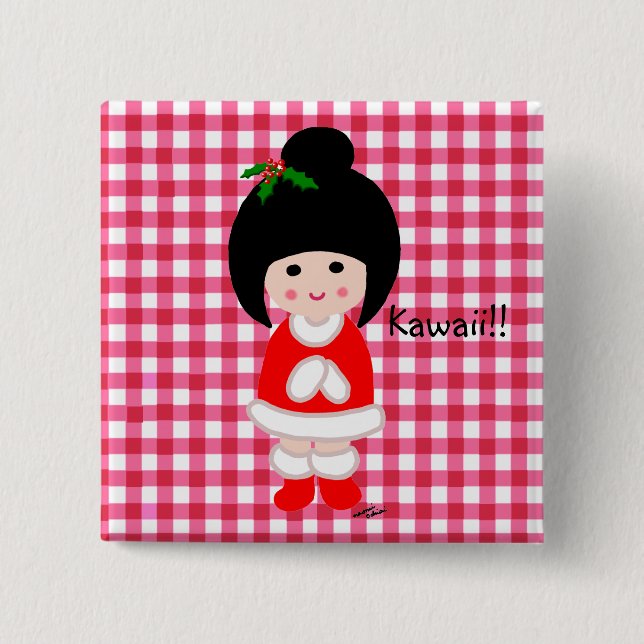 Kokeshi Mädchen-Weihnachten Button (Vorderseite)