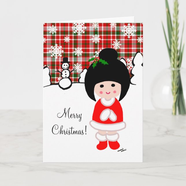 Kokeshi Mädchen-Weihnachten Feiertagskarte (Vorderseite)