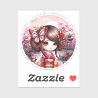 Kokeshi mit rosa Landschaft, Kokeshi Sticker