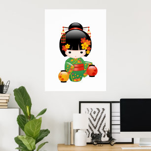 Kokeshi-Puppe im Fall - Geisha-Mädchen im grünen K Poster