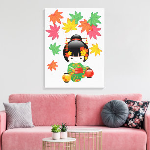 Kokeshi-Puppe im Herbst - Geisha-Mädchen im grünen Leinwanddruck