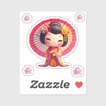 Kokeshi Puppe rot und gelb Kimono mit Schirm