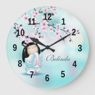 Kokeshi Puppe und Kirschblüten Türkis Große  Wanduhr