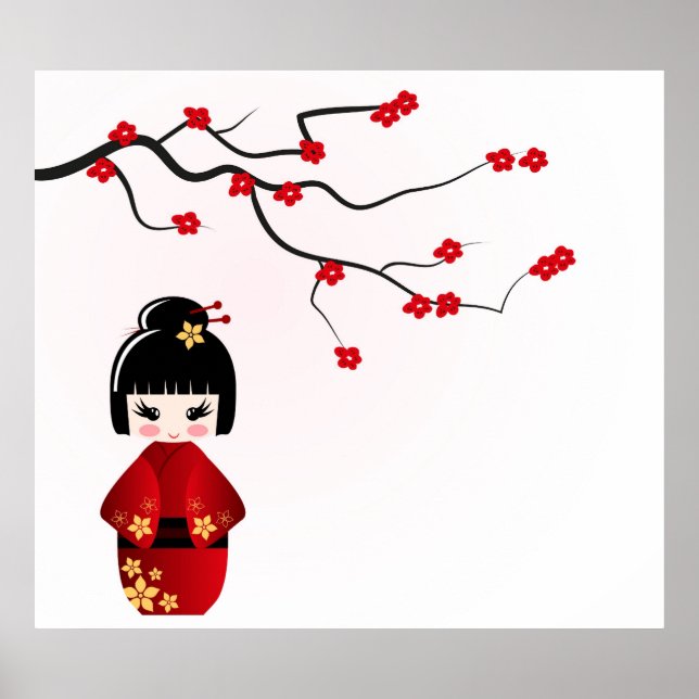 Kokeshi-Puppe unter einem Sakura-Zweigposter Poster (Vorne)