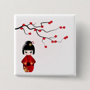 Kokeshi Puppe unter Kirschblüte-Niederlassung Button