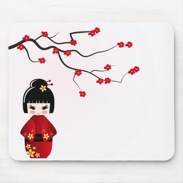 Kokeshi Puppe unter Kirschblüte-Niederlassung Mousepad (Vorne)