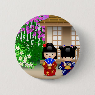 Kokeshi Puppen und Teehaus Button