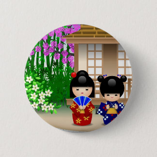 Kokeshi Puppen und Teehaus Button