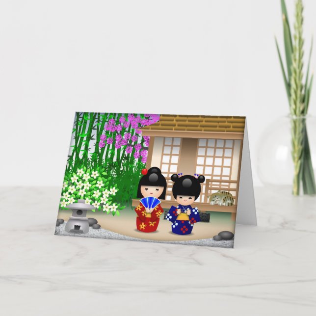 Kokeshi Puppen und Teehaus Karte (Vorderseite)