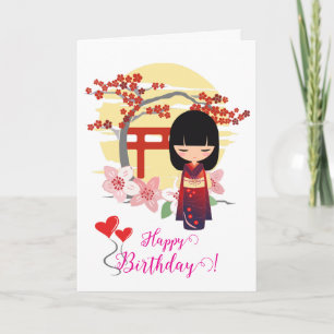 Kokeshi-Puppen-Wald-Happy-Birthday-Karte Karte