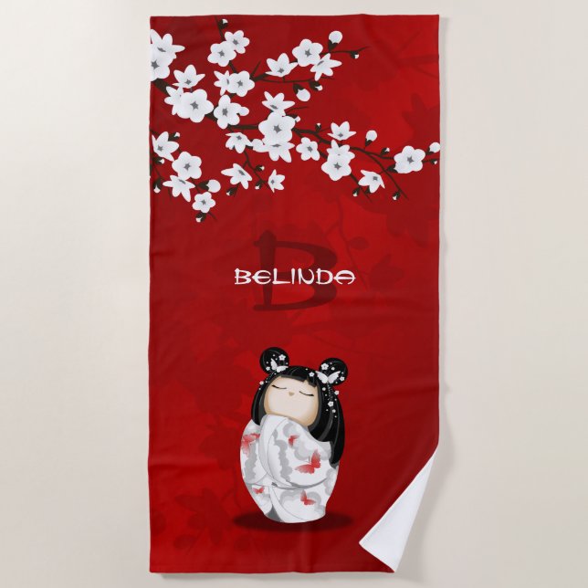 Kokeshi Puppenblütenblütenblüte  Strandtuch (Vorderseite)